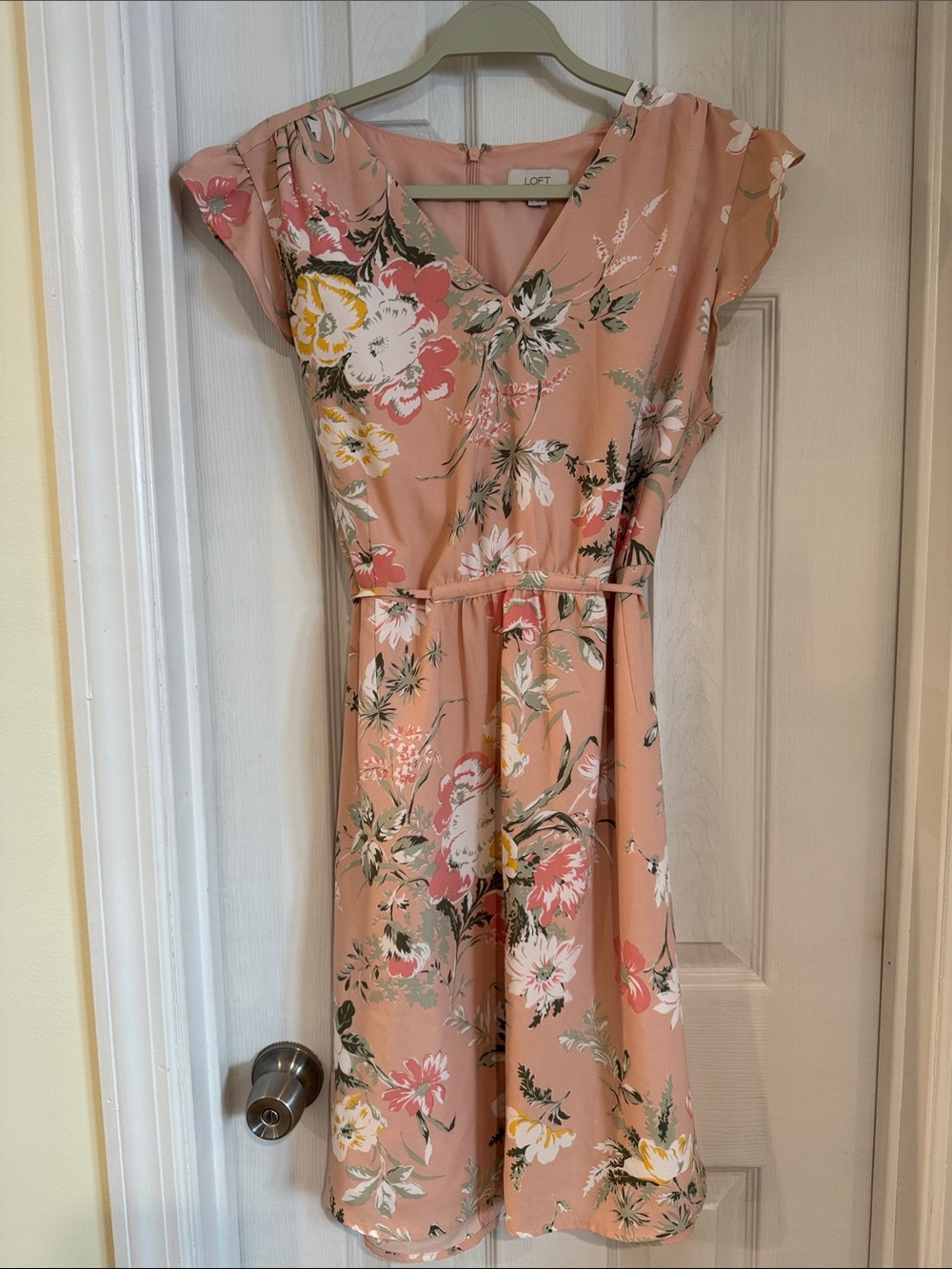 LOFT Peach Floral Wrap-Style Midi Dress